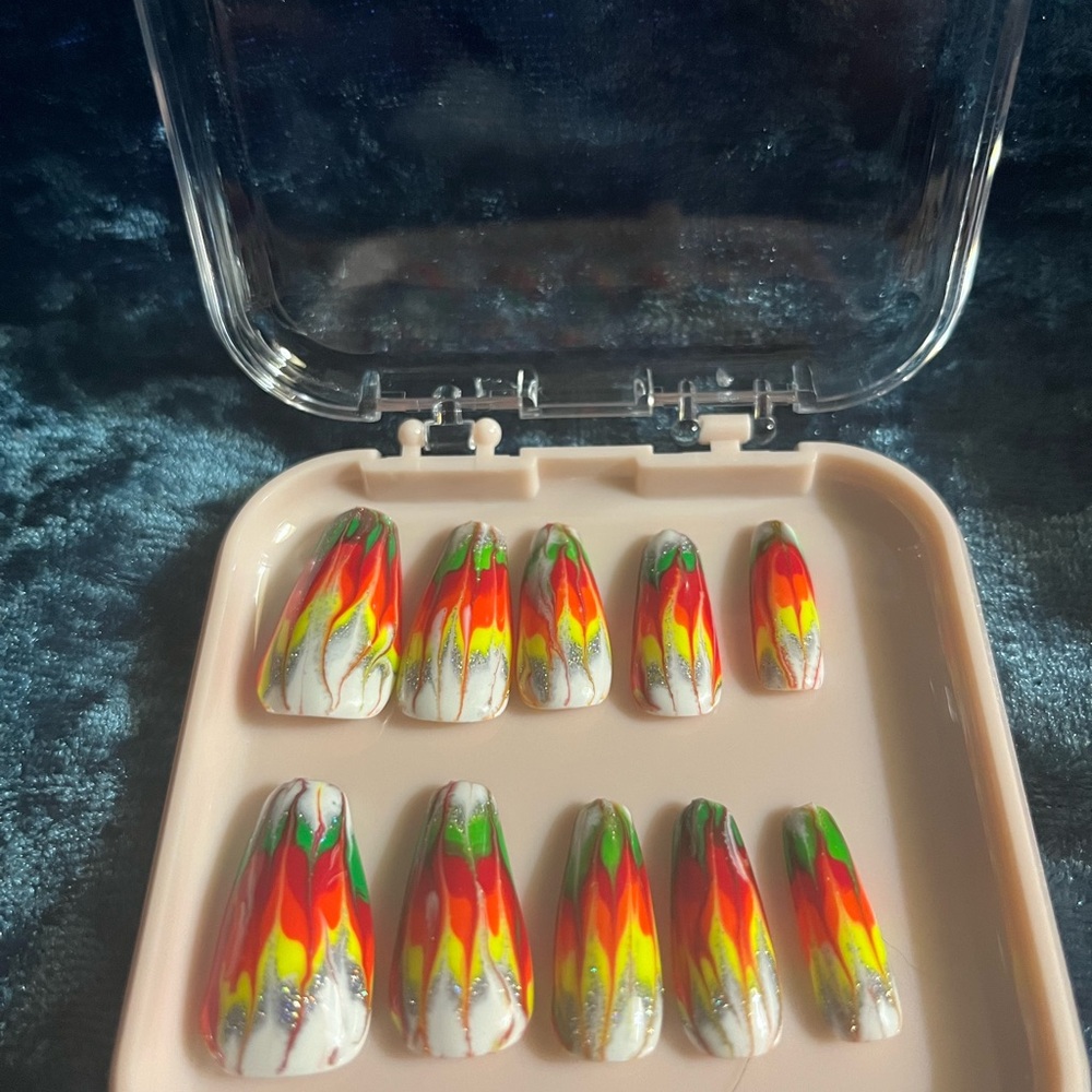 Hand Crafted Colorful Flame Design Press-On Nails